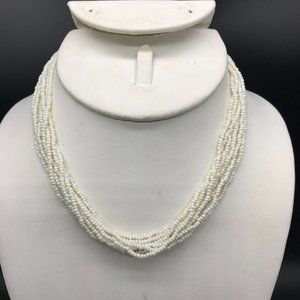 Vintage Luster Seed Beads Necklace, White Wedding Torsade Jewelry, Multi Strand